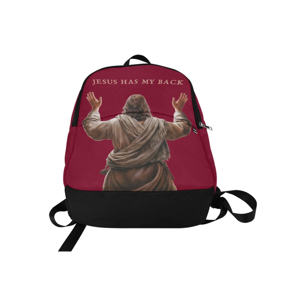 Backpack with a graphic of Jesus in robes and 'Jesus Has My Back' text on a red background