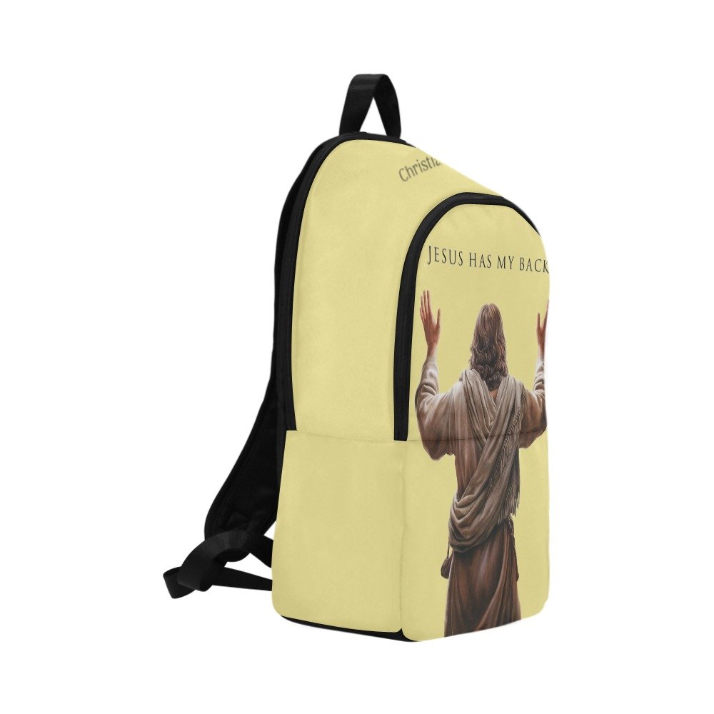 Backpack with a design of Jesus raising their hands and text 'Jesus has my back' on a yellow background.