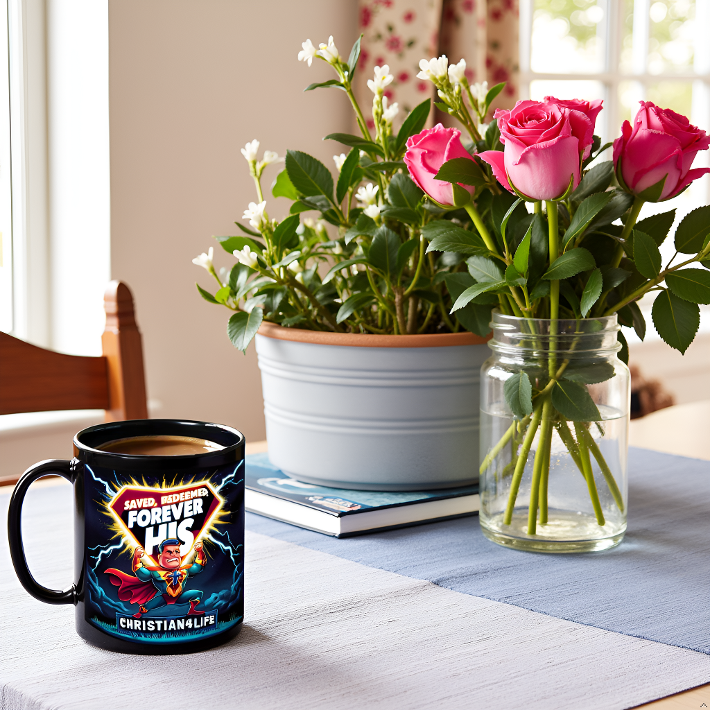 Christian 11oz Black Mug - Superhero "Saved, Forgiven, Forever His", Christian Mug for Men