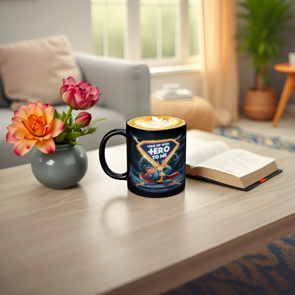 Mug with superhero design on a table in a cozy living room