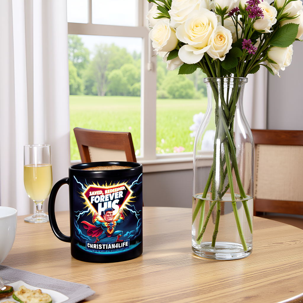 Christian 11oz Black Mug - Superhero "Saved, Forgiven, Forever His", Christian Mug for Men
