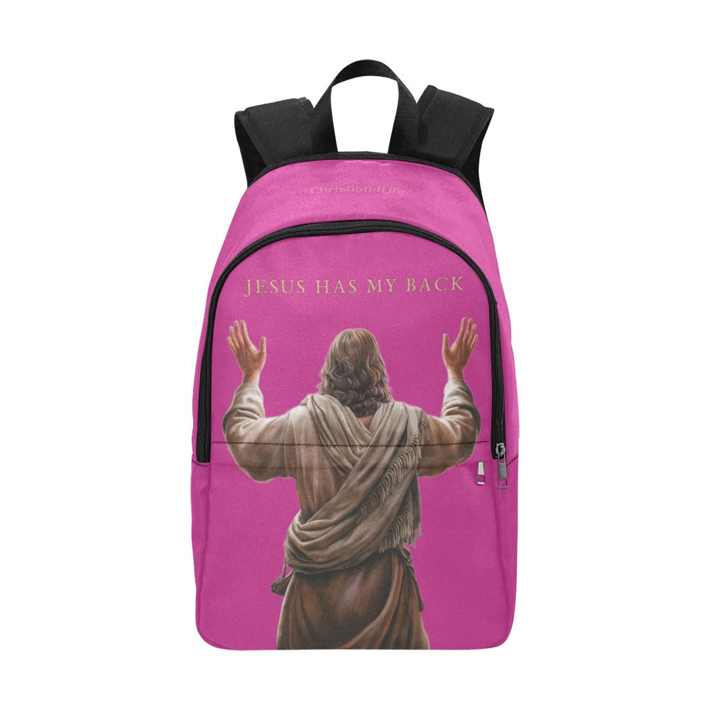 Pink backpack with a graphic of Jesus and 'Jesus Has My Back' text on a white background