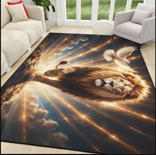 Front-Lion-of-Judah-Holy-Spirit-Rays Area Rug with Black Binding 84"x60"