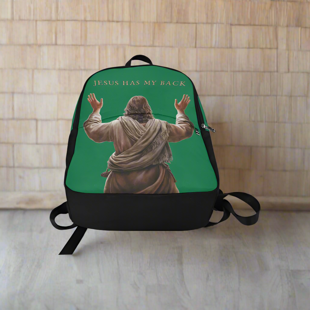 "Jesus Has My Back" Christian Backpack-Black Side Accent (Choose Green or Blue shades)