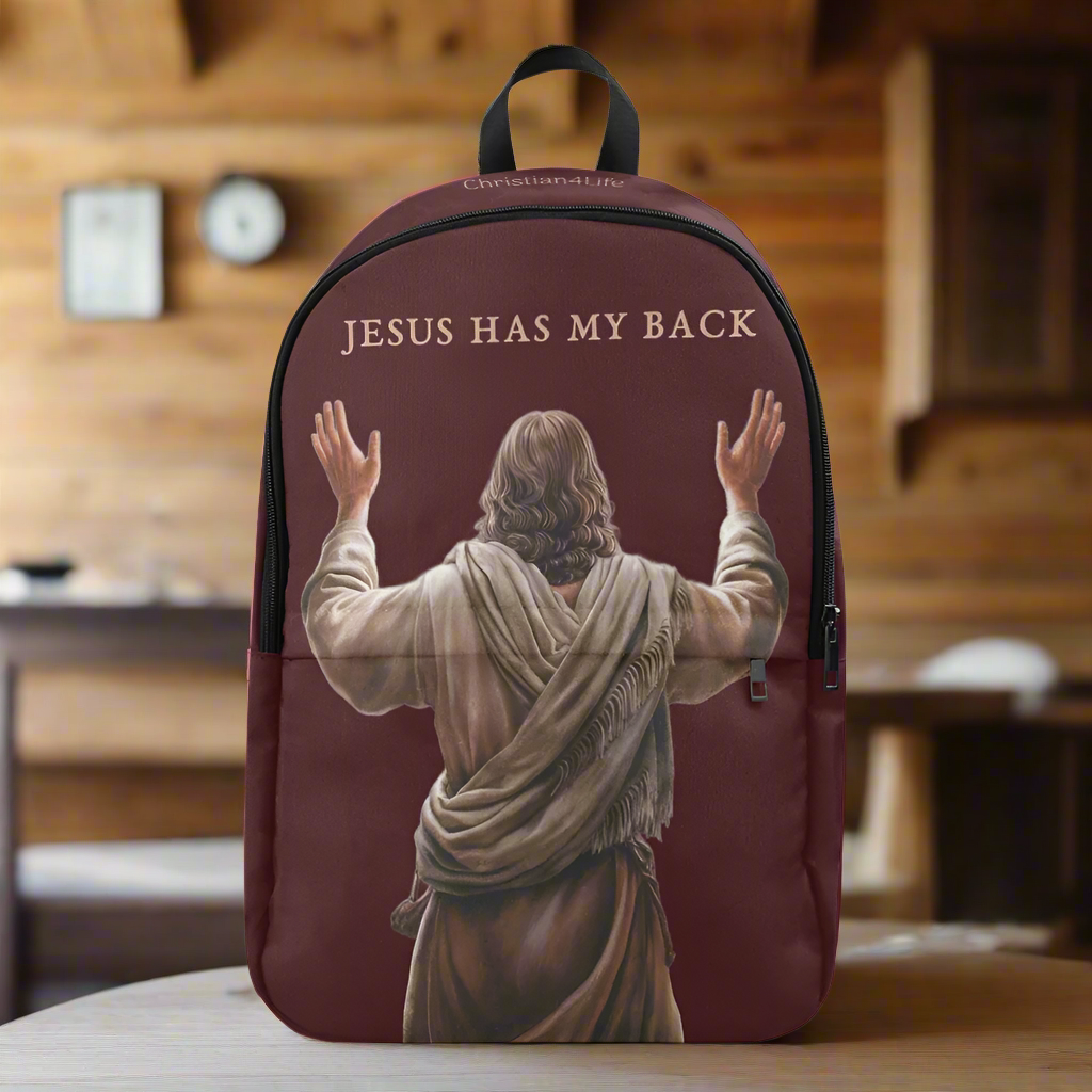 "Jesus Has My Back" Graphic design Christian Backpack (Choose Brown Shade)