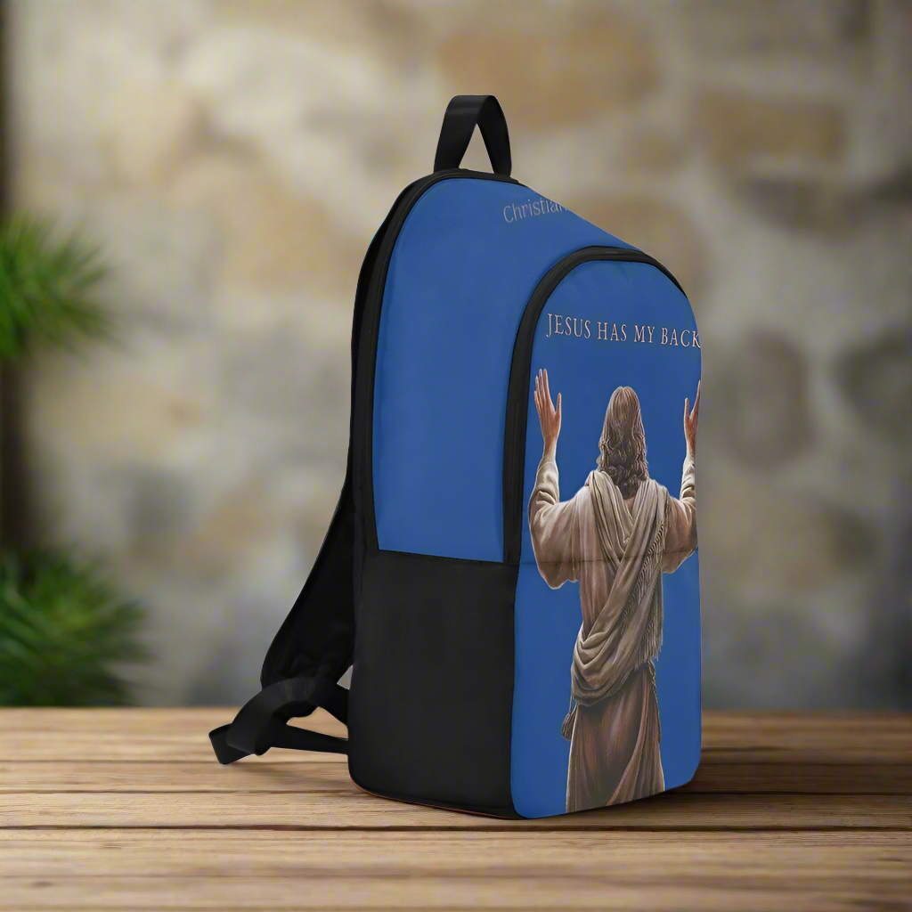 "Jesus Has My Back" Christian Backpack-Black Side Accent (Choose Green or Blue shades)