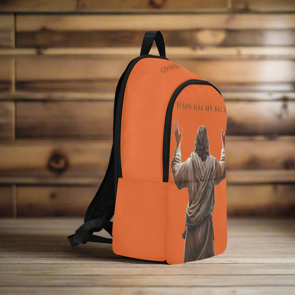 "Jesus Has My Back" Graphic design Christian Backpack (Choose Orange Shade)