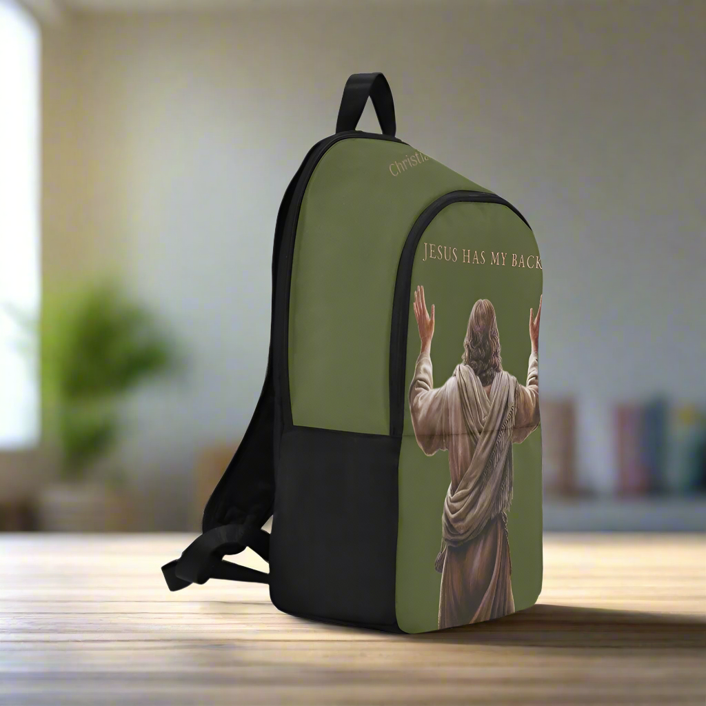 "Jesus Has My Back" Christian Backpack-Black Side Accent (Choose Green or Blue shades)