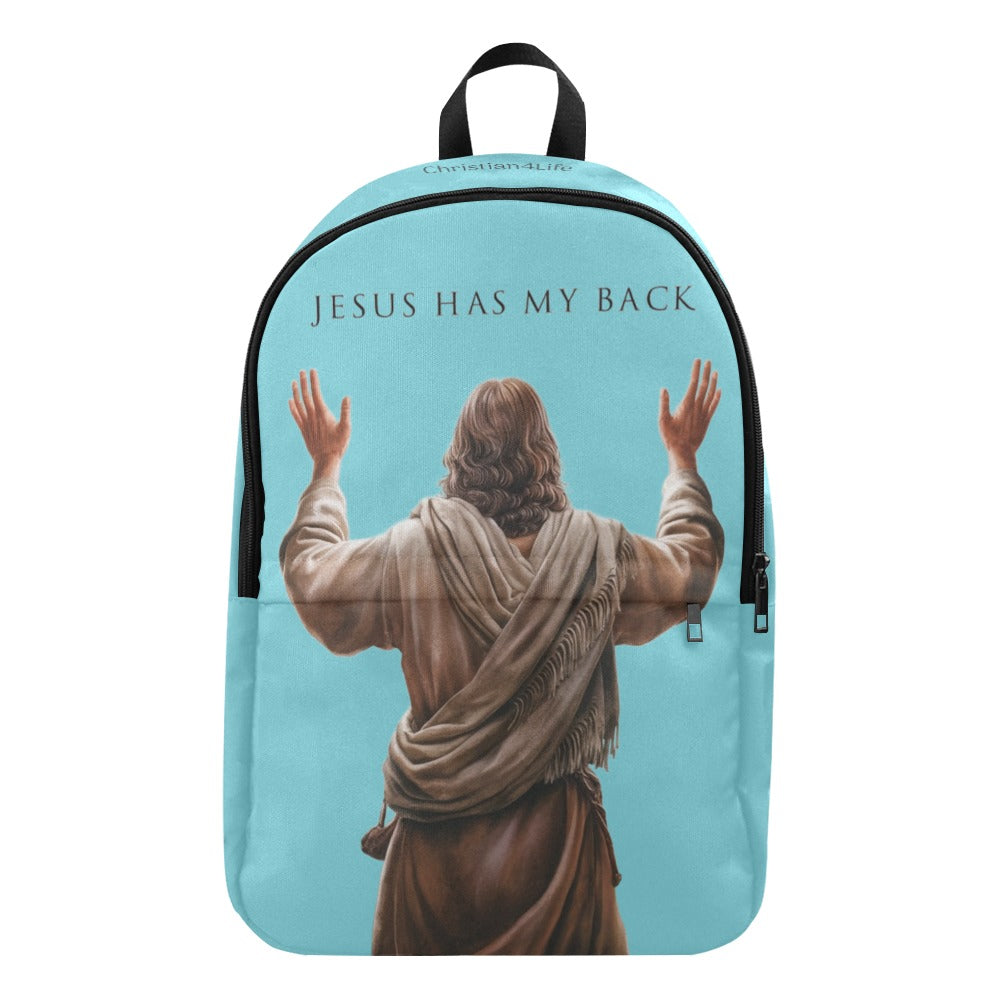 Backpack with a graphic of Jesus with outstretched arms and 'Jesus Has My Back' text on a light blue background.