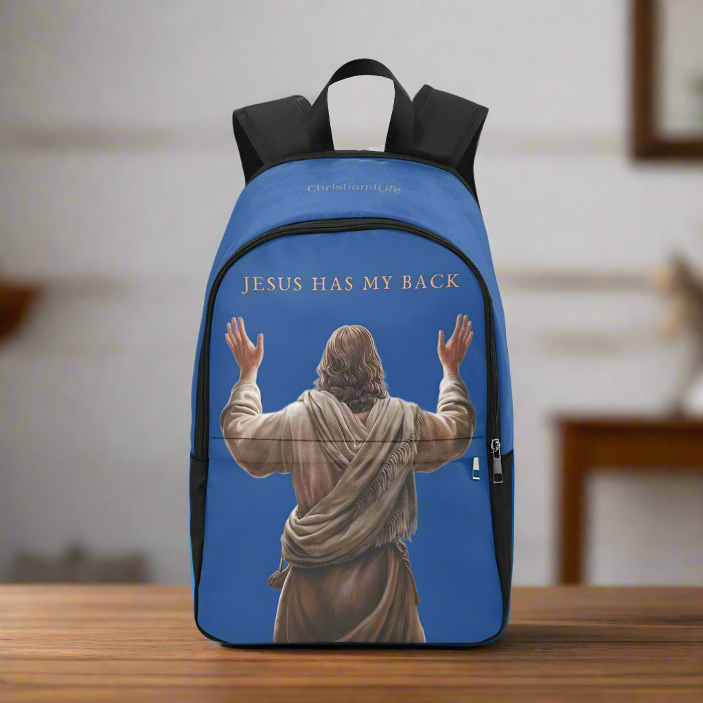 "Jesus Has My Back" Christian Backpack-Black Side Accent (Choose Green or Blue shades)