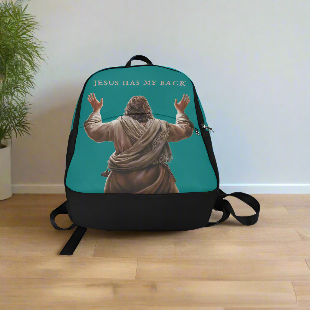 "Jesus Has My Back" Christian Backpack-Black Side Accent (Choose Green or Blue shades)