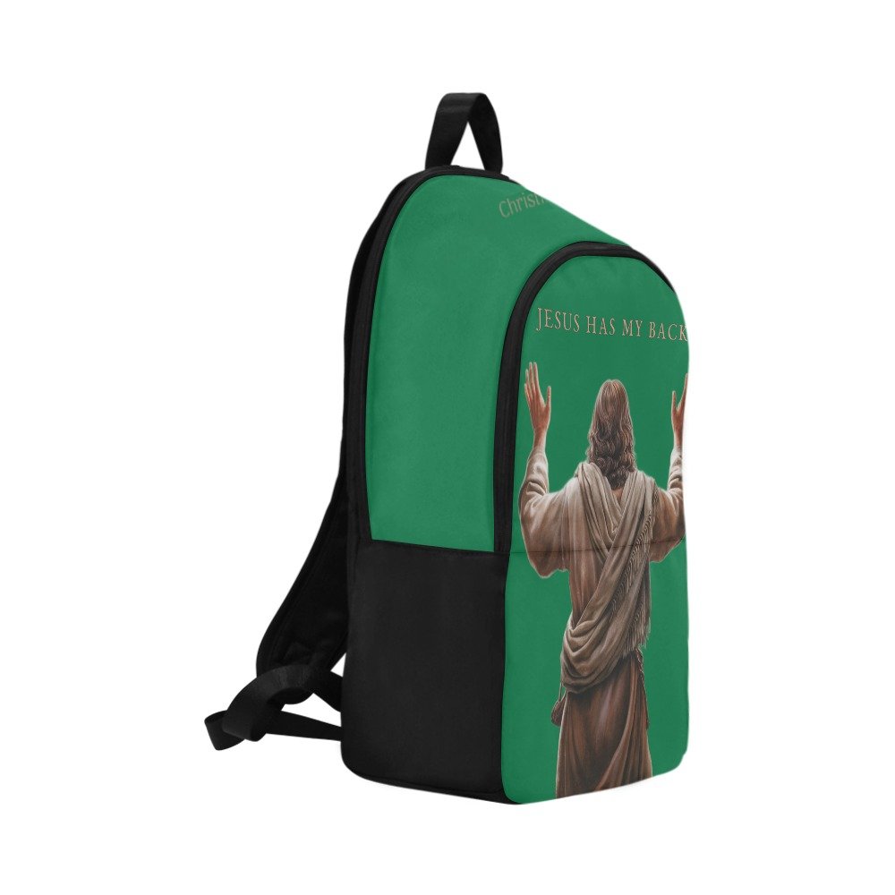 "Jesus Has My Back" Christian Backpack-Black Side Accent (Choose Green or Blue shades)