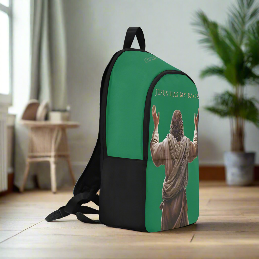 "Jesus Has My Back" Christian Backpack-Black Side Accent (Choose Green or Blue shades)