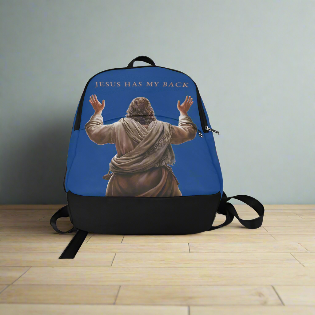 "Jesus Has My Back" design Christian Backpack (Choose Blue Shade)