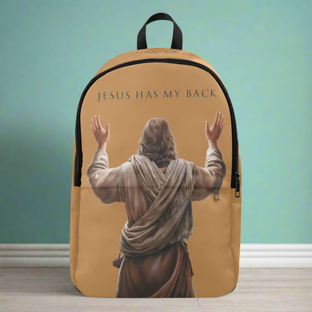 "Jesus Has My Back" Graphic design Christian Backpack (Choose Brown Shade)