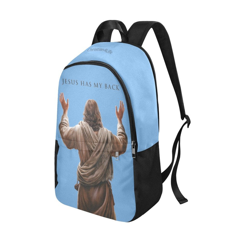 "Jesus Has My Back" Christian Backpack-Black Side Accent (Choose Green or Blue shades)