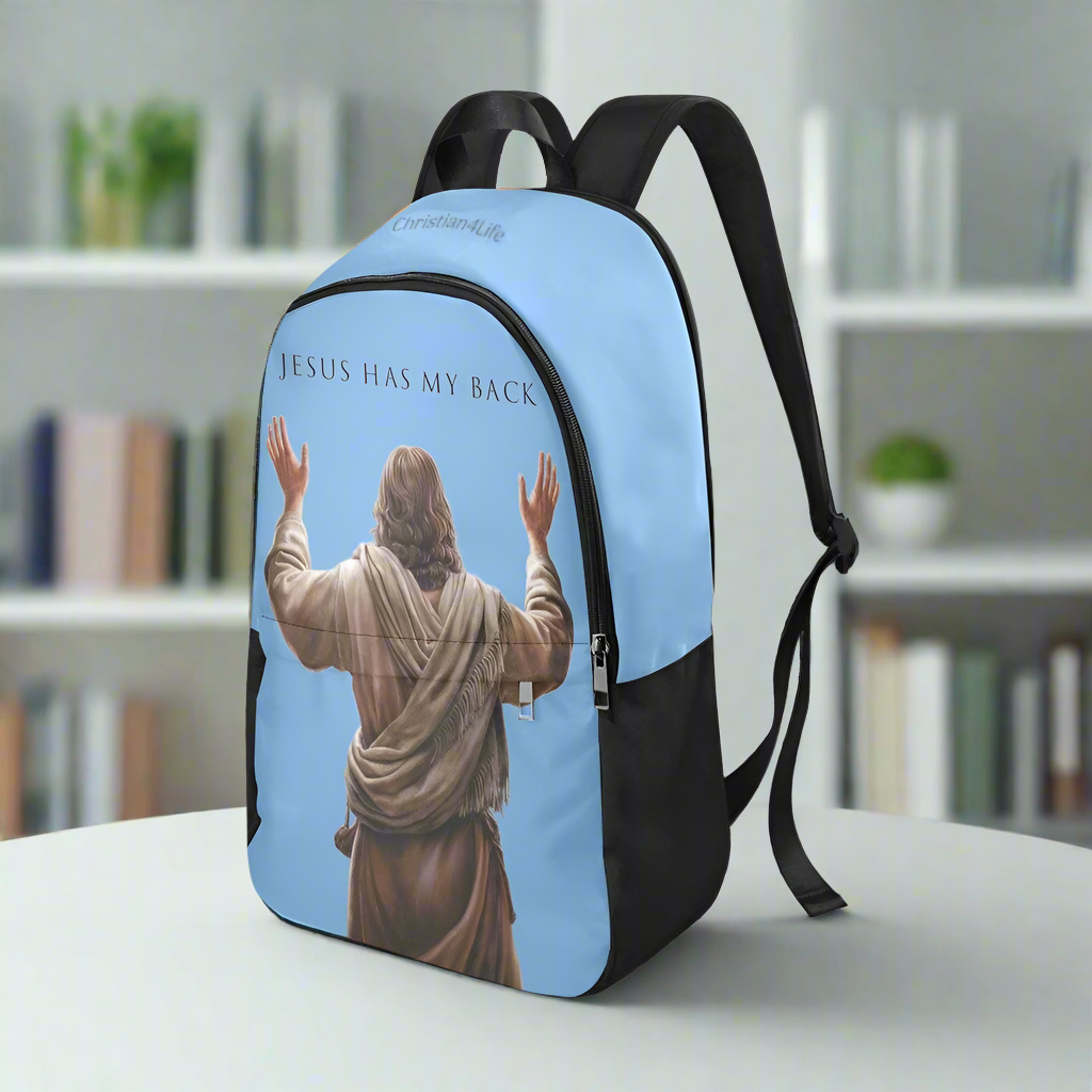 "Jesus Has My Back" Christian Backpack-Black Side Accent (Choose Green or Blue shades)