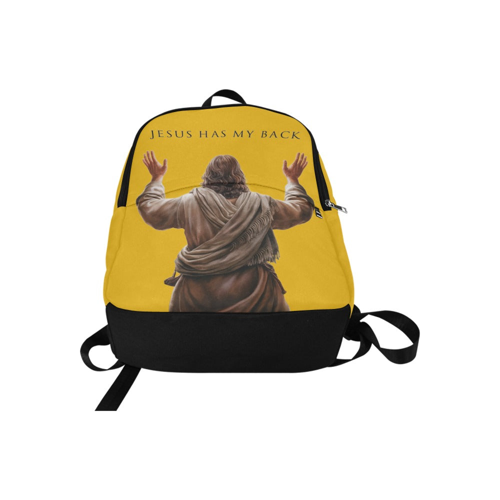 Backpack with a graphic of Jesus in robes and 'Jesus Has My Back' text on a yellow background