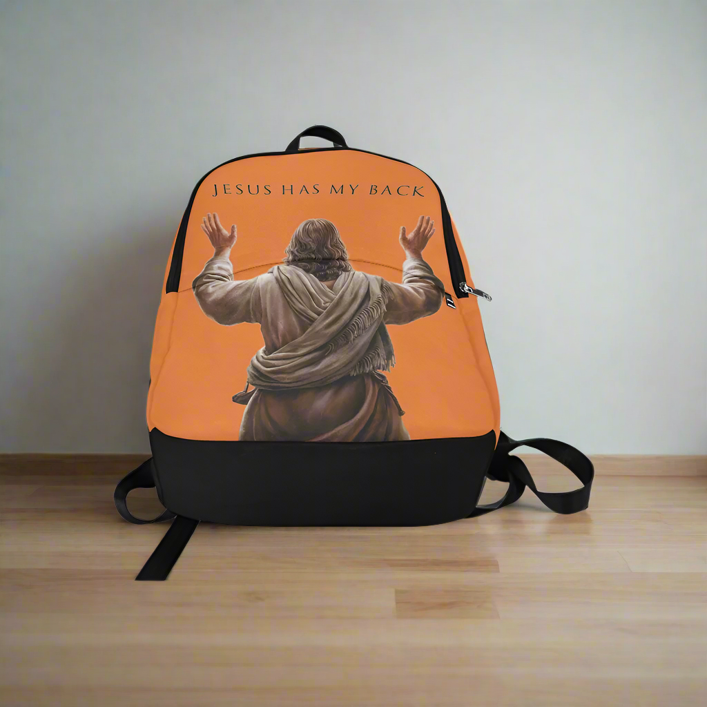 "Jesus Has My Back" Graphic design Christian Backpack (Choose Orange Shade)