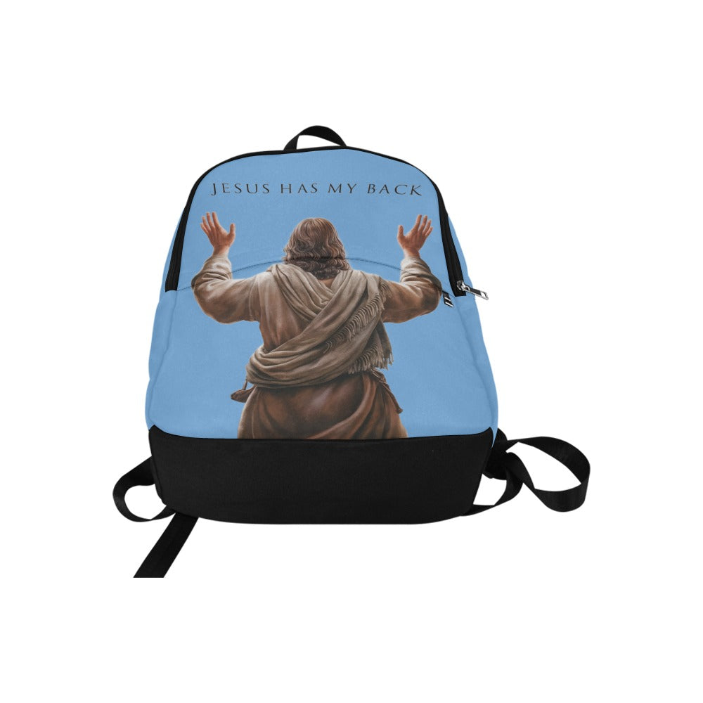 Backpack with a graphic of Jesus with arms outstretched and 'Jesus Has My Back' text on a blue background.