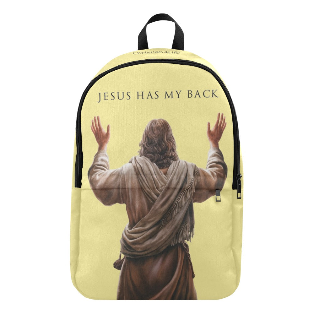 Backpack with a graphic of Jesus with outstretched arms and 'Jesus Has My Back' text on a yellow background.