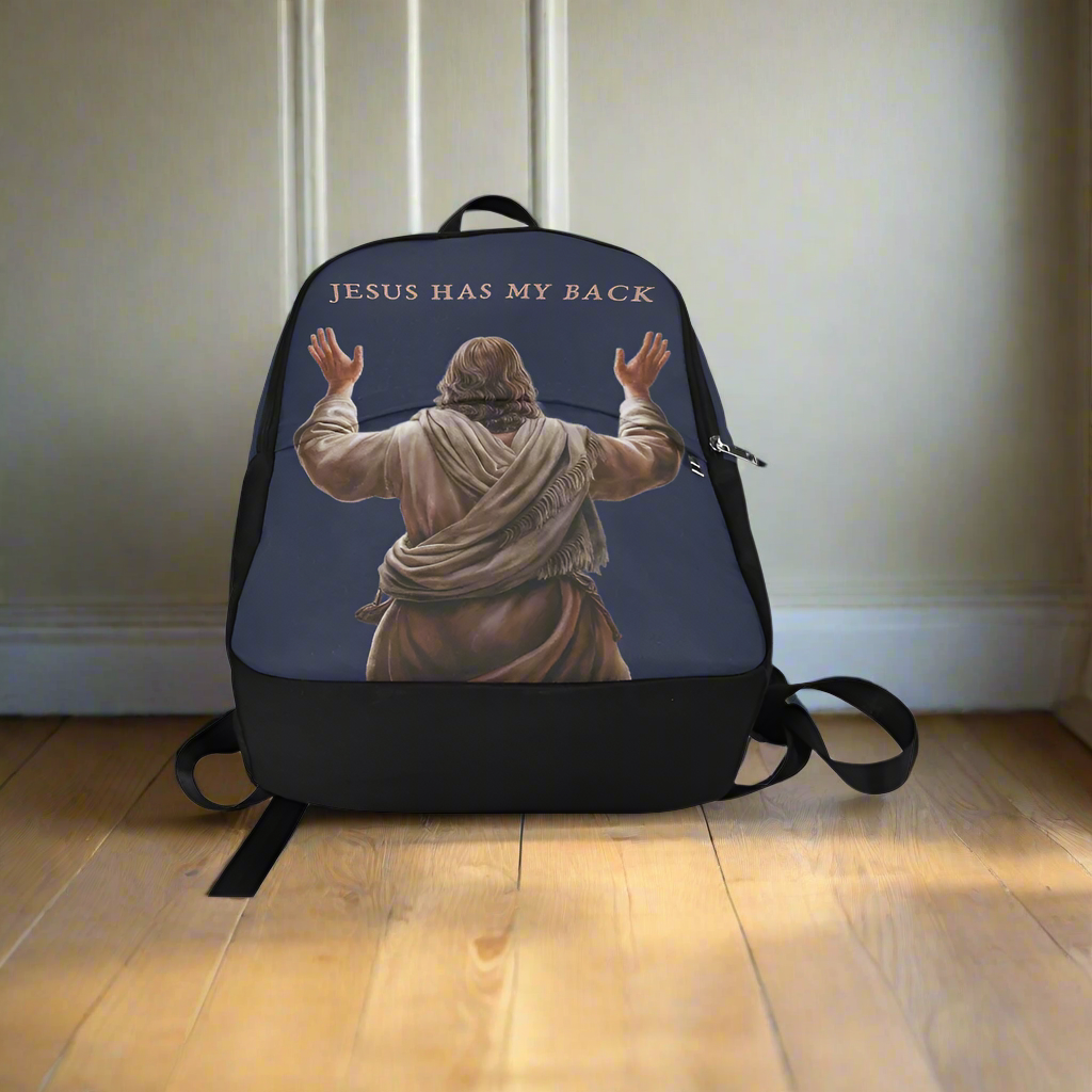 "Jesus Has My Back" Christian Backpack-Black Side Accent (Choose Green or Blue shades)