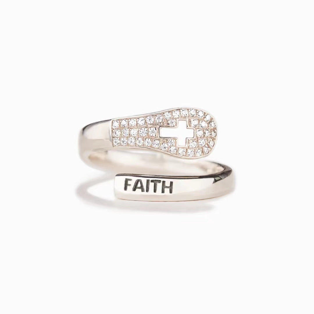 S925 Sterling Silver Faith Cross Zircon Ring - Silver - Jewelry