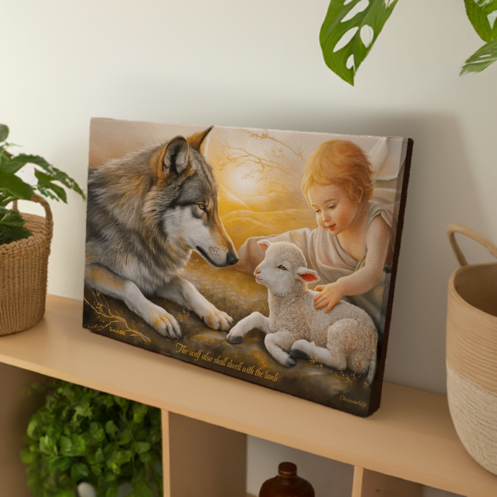 Wolf Lamb and Child Gallery Wrapped Christian Wall Art Canvas with Quote - Canvas