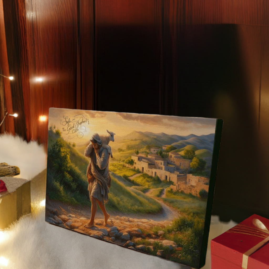 ’Safe in the Good Shepherd’s care’ Gallery Wrapped Christian Wall Art Canvas (3:2)