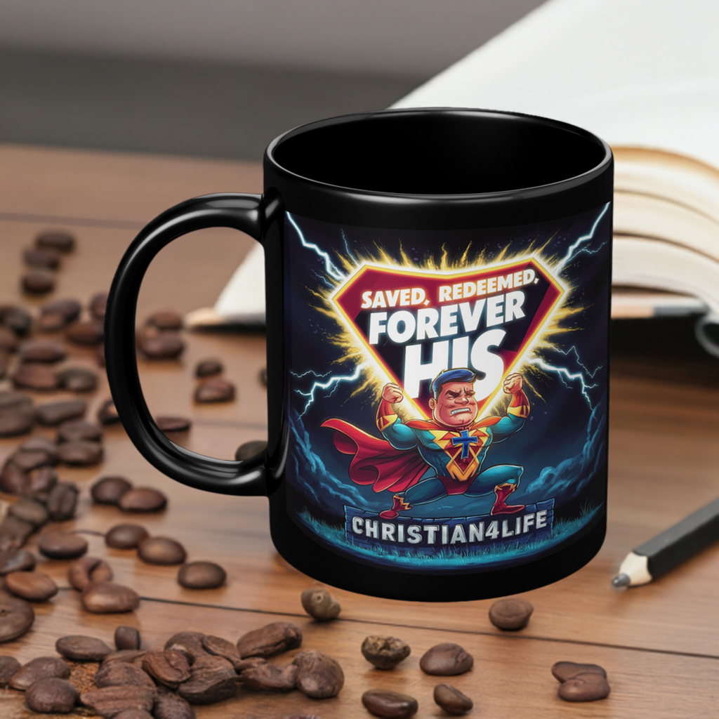 Christian 11oz Black Mug - Superhero ’Saved Forgiven Forever His’ Christian Mug for Men - Black - Mug