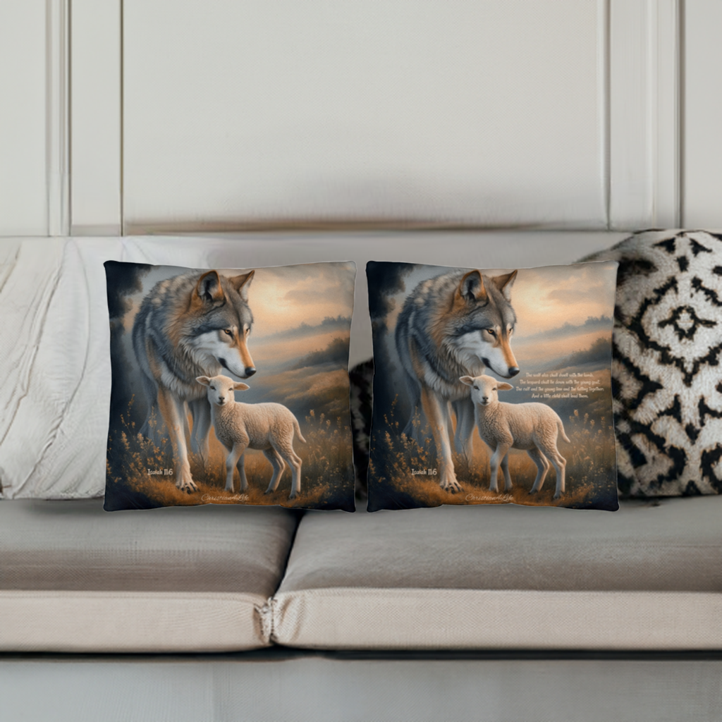 Wolf and Lamb Bible Verse Spun Polyester Square Indoor/Outdoor Pillow - Jewelry
