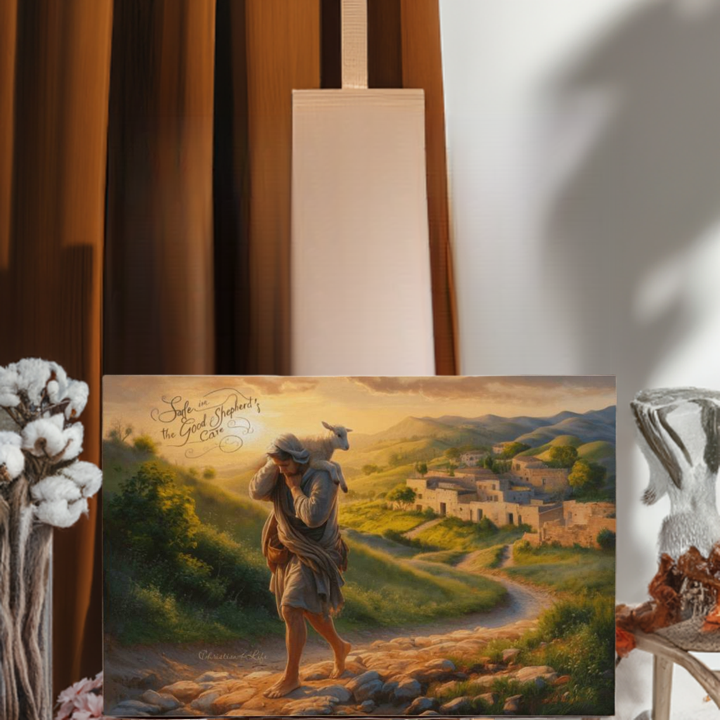 ’Safe in the Good Shepherd’s care’ Gallery Wrapped Christian Wall Art Canvas (3:2)