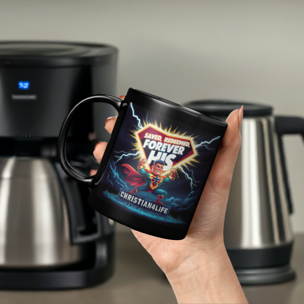 Christian 11oz Black Mug - Superhero ’Saved Forgiven Forever His’ Christian Mug for Men - Black - Mug