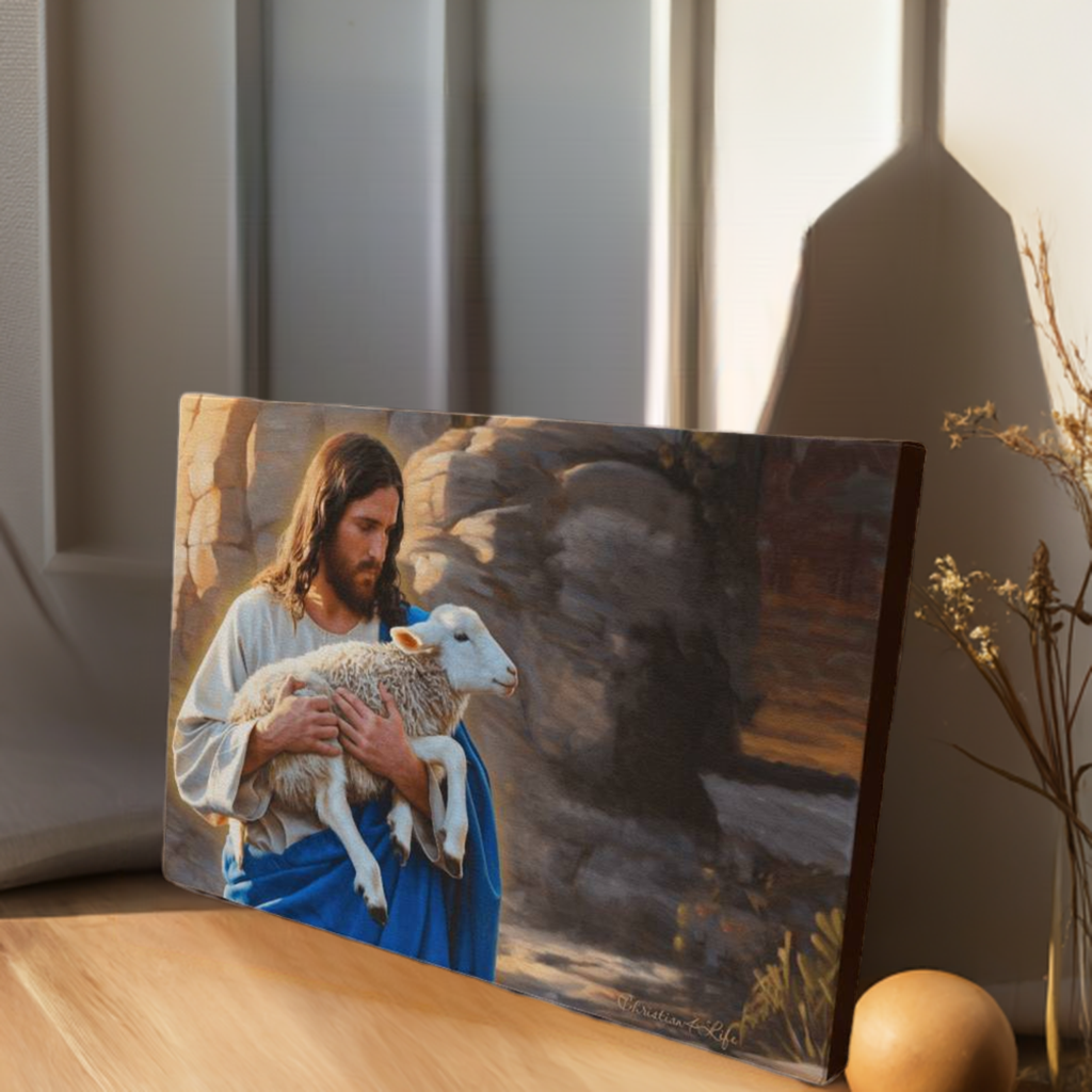 Shepherd holding sheep - Beautiful Gallery Wrapped Christian Wall Art Canvas