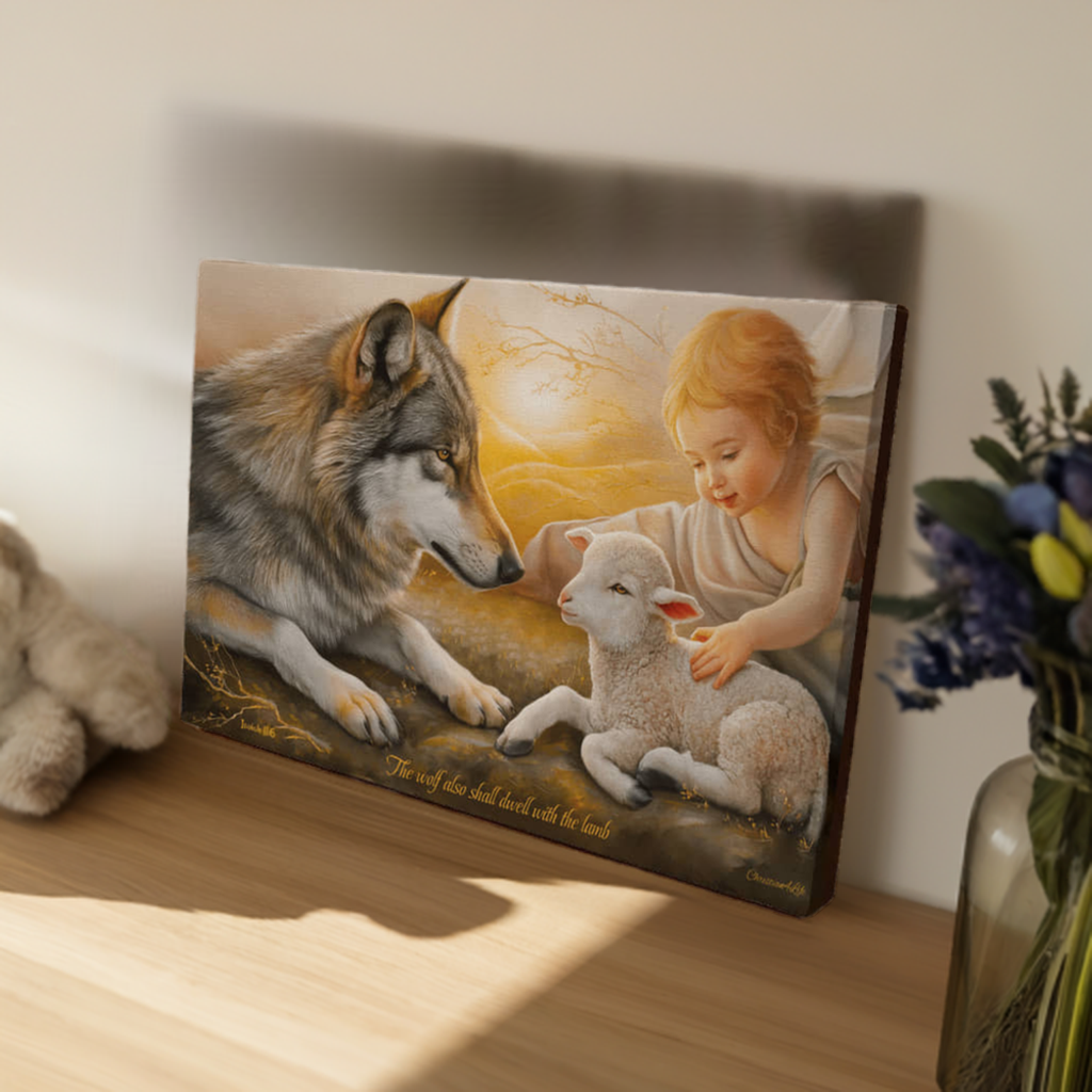 Wolf Lamb and Child Gallery Wrapped Christian Wall Art Canvas with Quote - Canvas