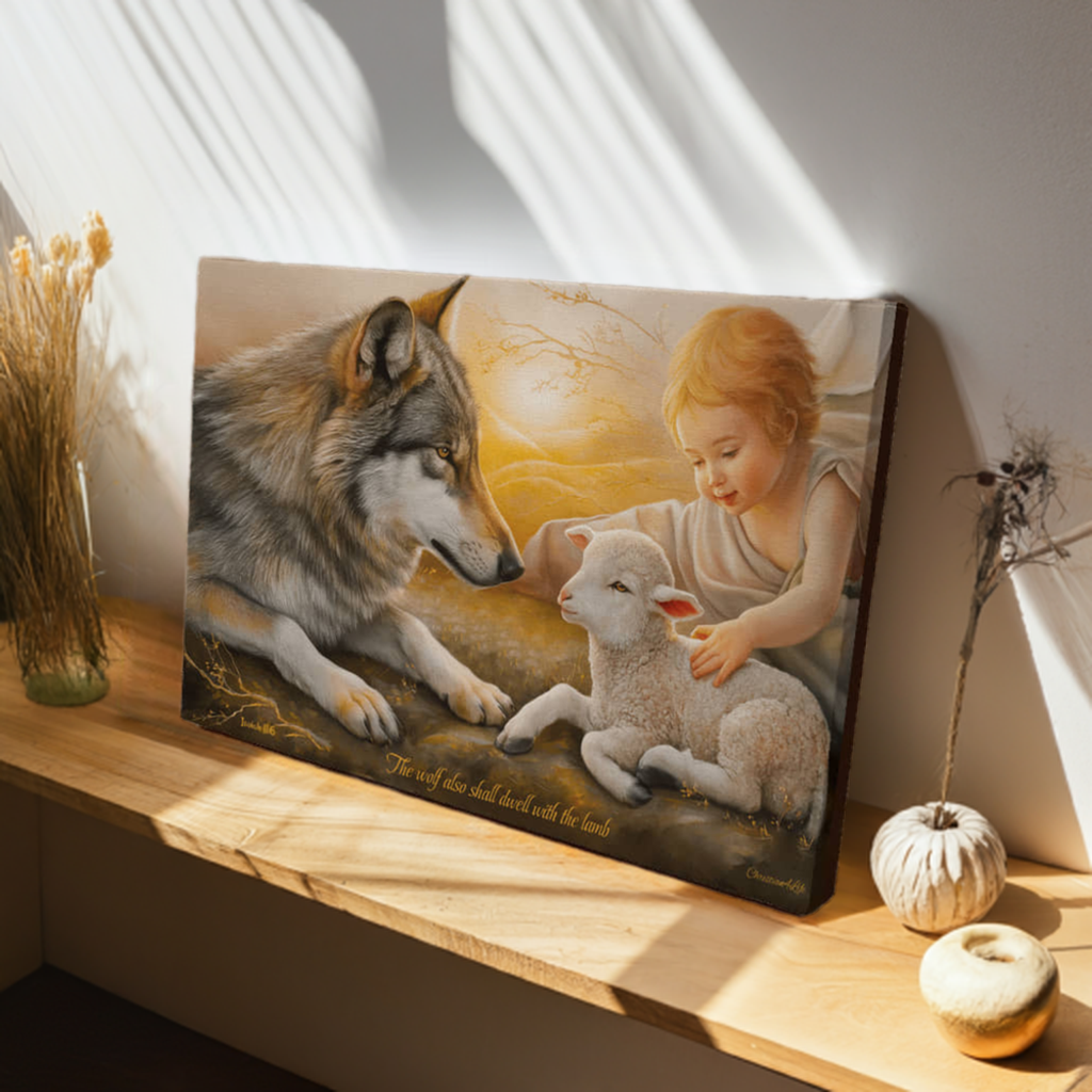 Wolf Lamb and Child Gallery Wrapped Christian Wall Art Canvas with Quote - Canvas