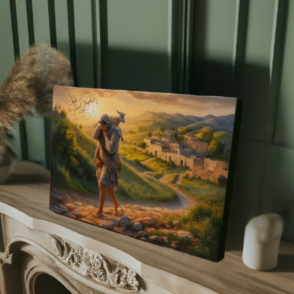 ’Safe in the Good Shepherd’s care’ Gallery Wrapped Christian Wall Art Canvas (3:2)
