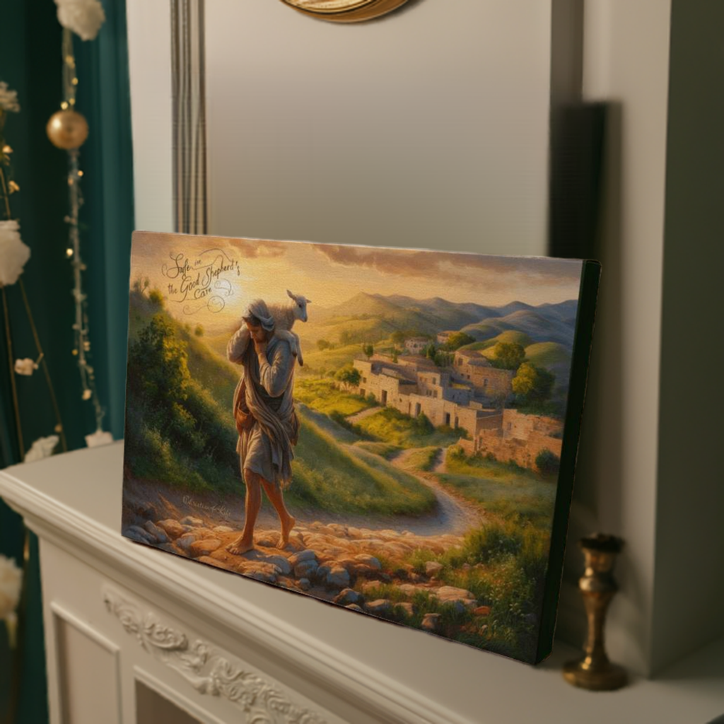 ’Safe in the Good Shepherd’s care’ Gallery Wrapped Christian Wall Art Canvas (3:2)