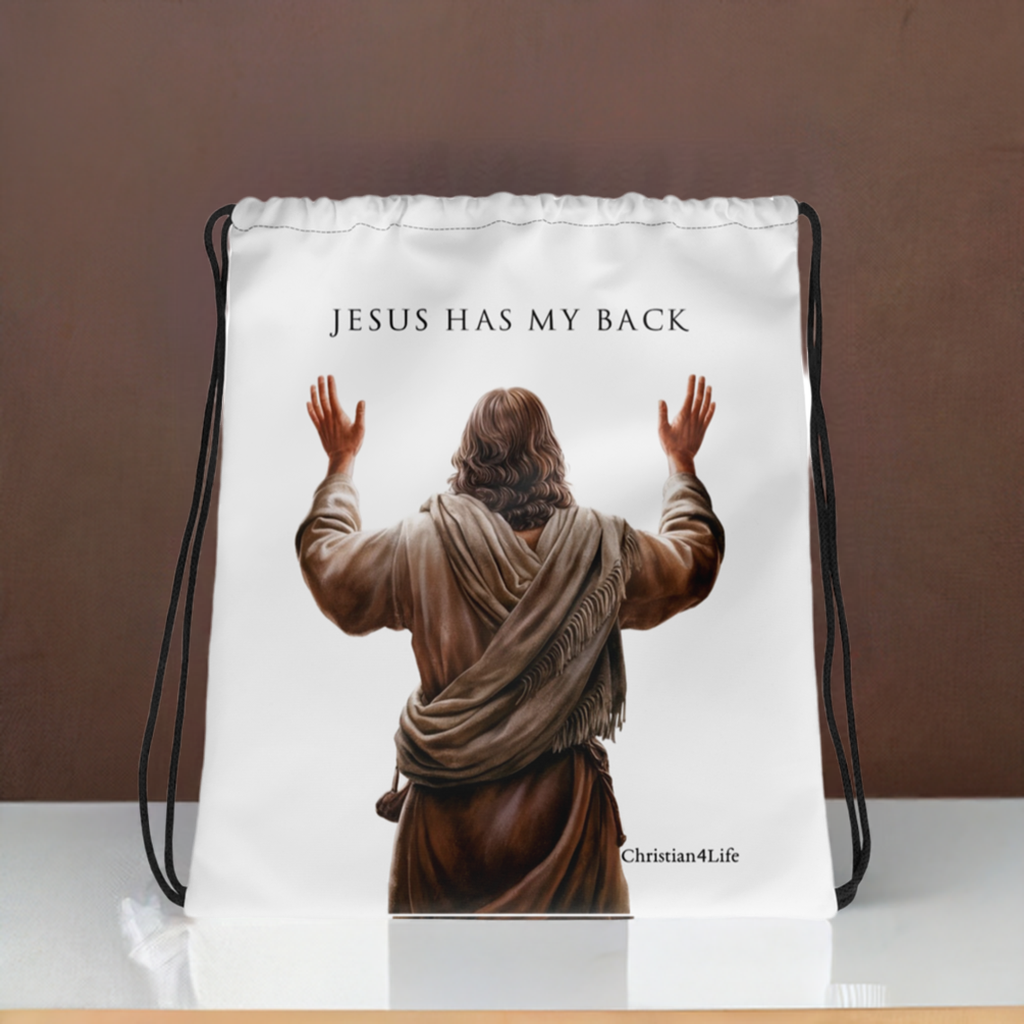 ’Jesus Has My Back’ Drawstring bag 15″ × 17″ (white) - Bags