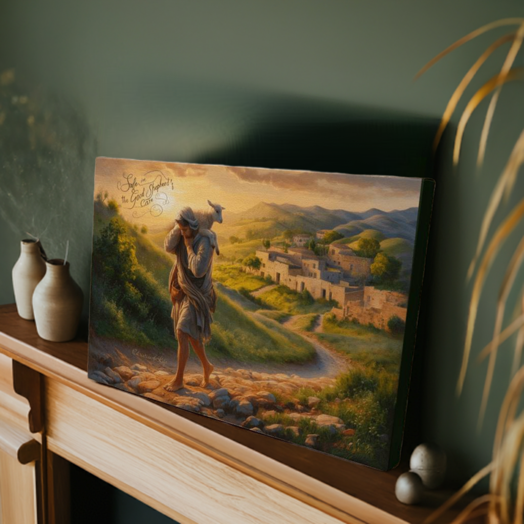 ’Safe in the Good Shepherd’s care’ Gallery Wrapped Christian Wall Art Canvas (3:2)