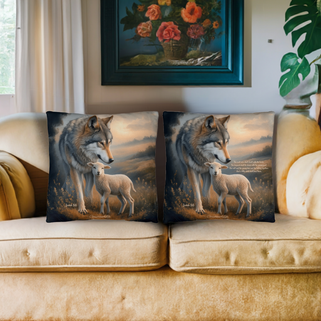 Wolf and Lamb Bible Verse Spun Polyester Square Indoor/Outdoor Pillow - Jewelry