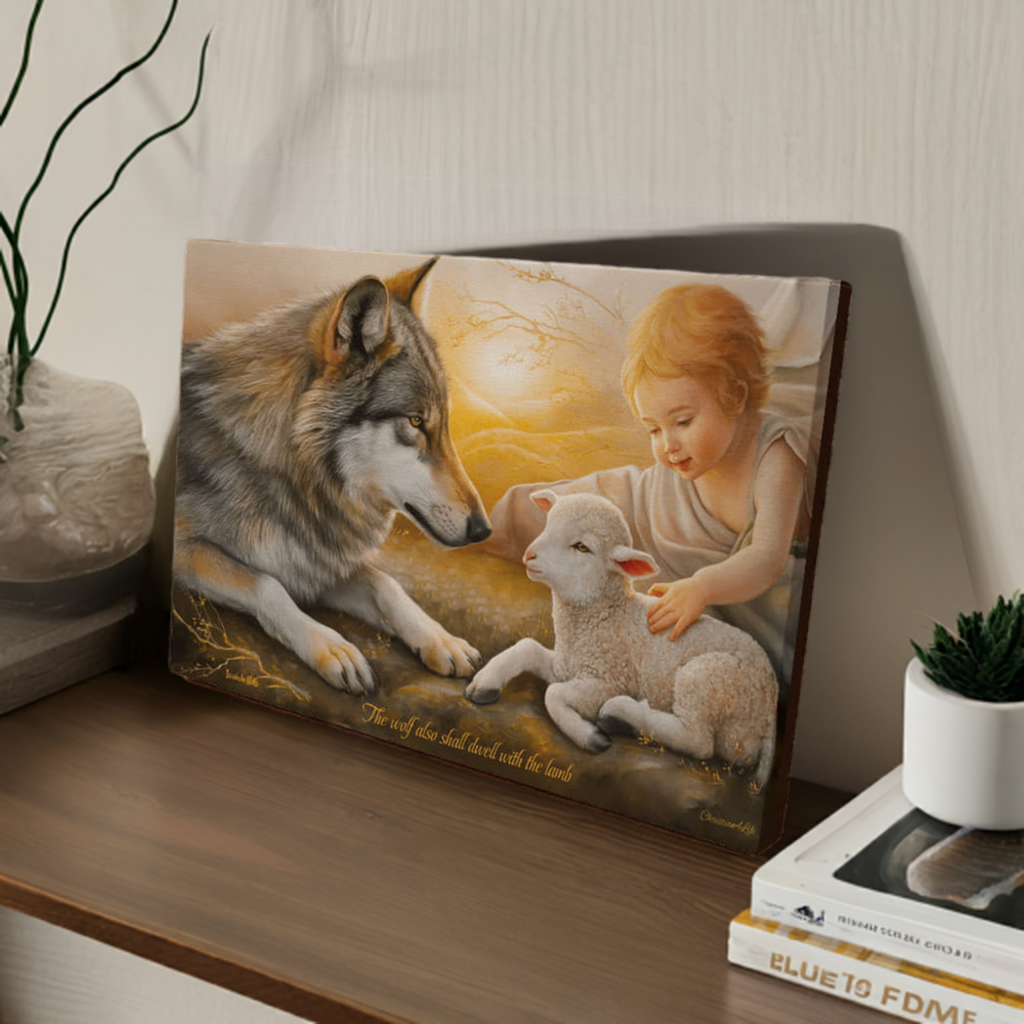 Wolf Lamb and Child Gallery Wrapped Christian Wall Art Canvas with Quote - Canvas