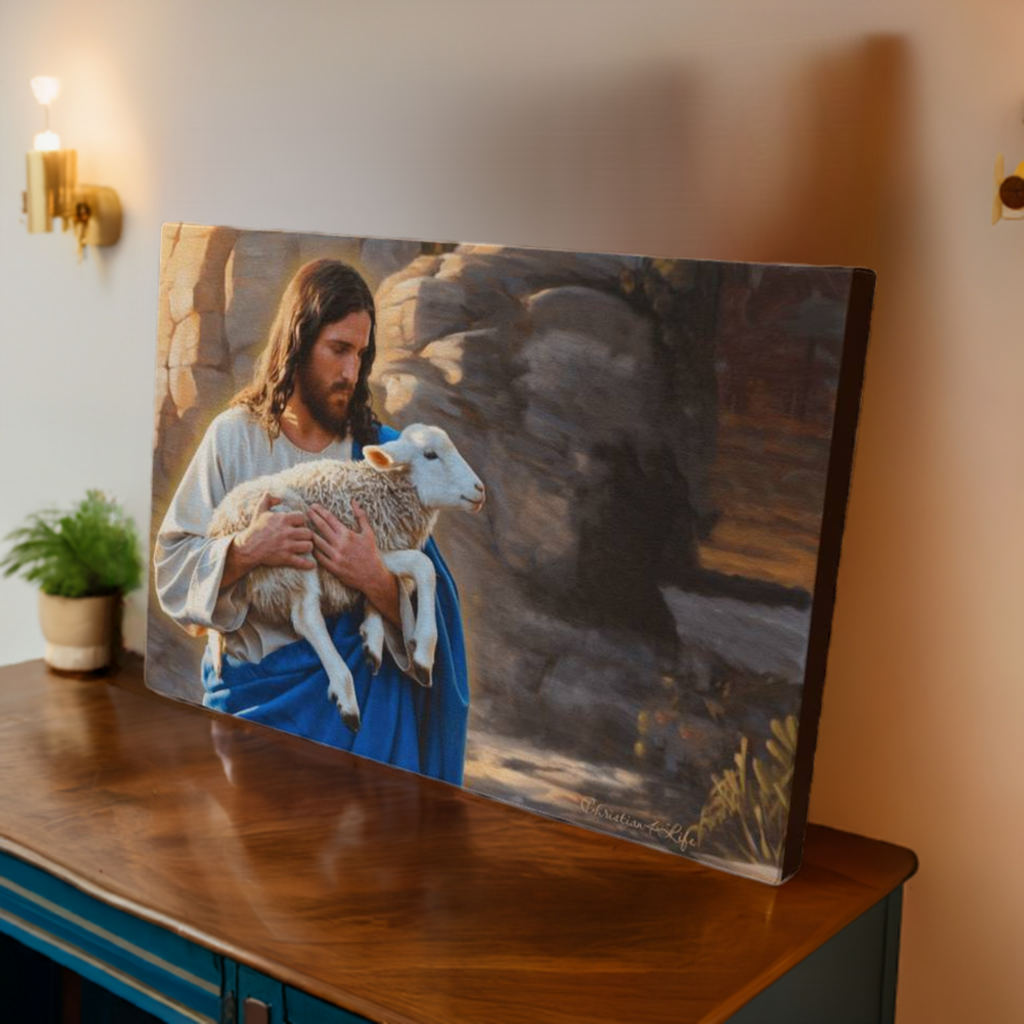 Shepherd holding sheep - Beautiful Gallery Wrapped Christian Wall Art Canvas