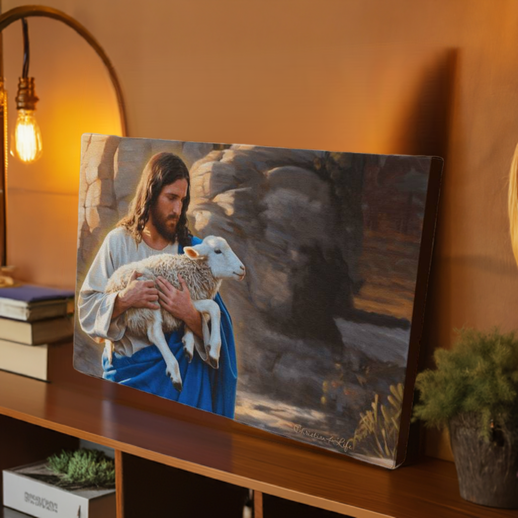 Shepherd holding sheep - Beautiful Gallery Wrapped Christian Wall Art Canvas