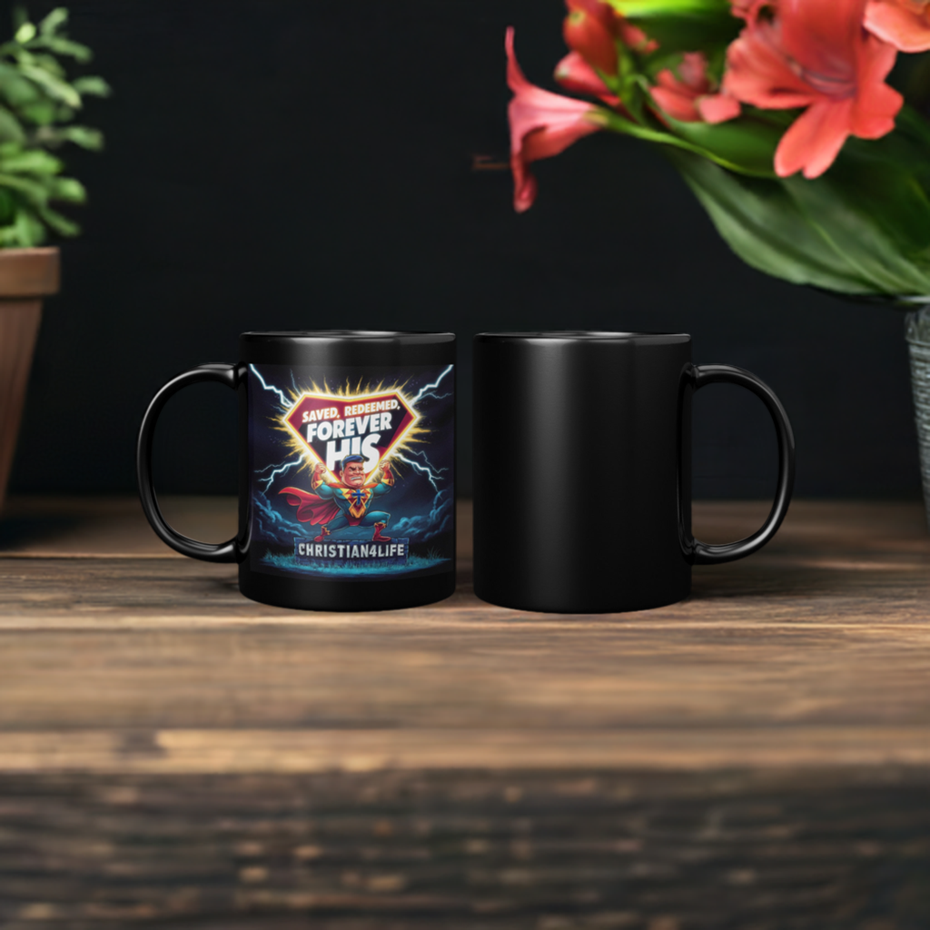 Christian 11oz Black Mug - Superhero ’Saved Forgiven Forever His’ Christian Mug for Men - Black - Mug