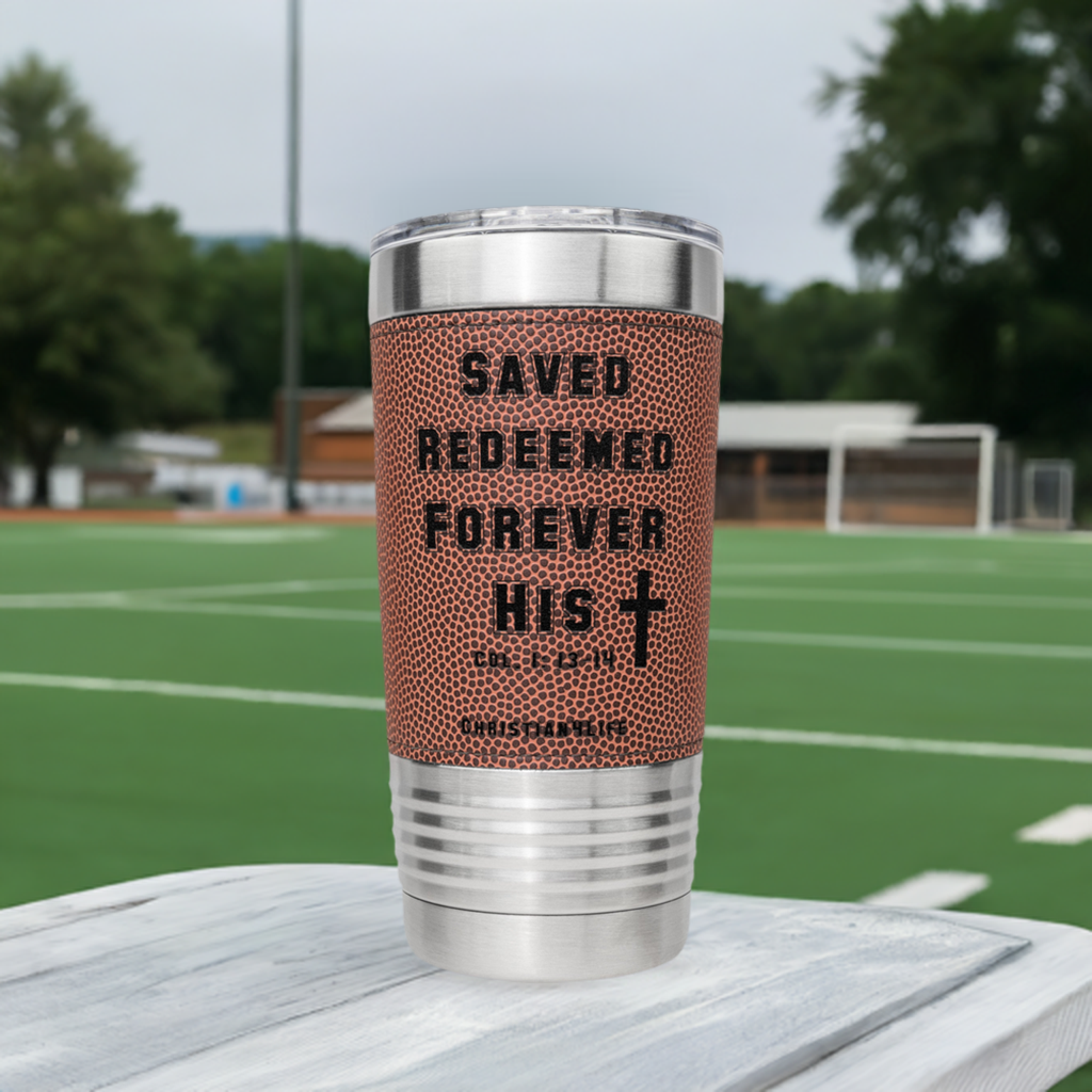 20oz Christian Football Tumbler - Saved Redeemed - Orange / Stainless steel - Tumblers