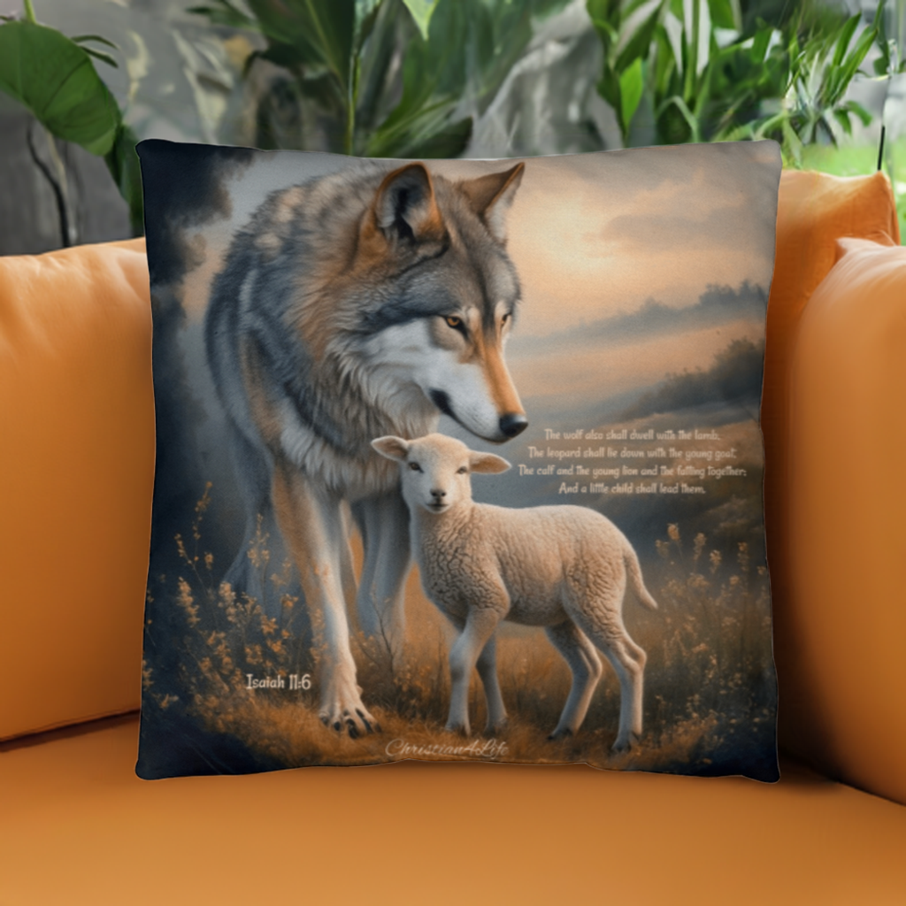 Wolf and Lamb Bible Verse Spun Polyester Square Indoor/Outdoor Pillow - Jewelry