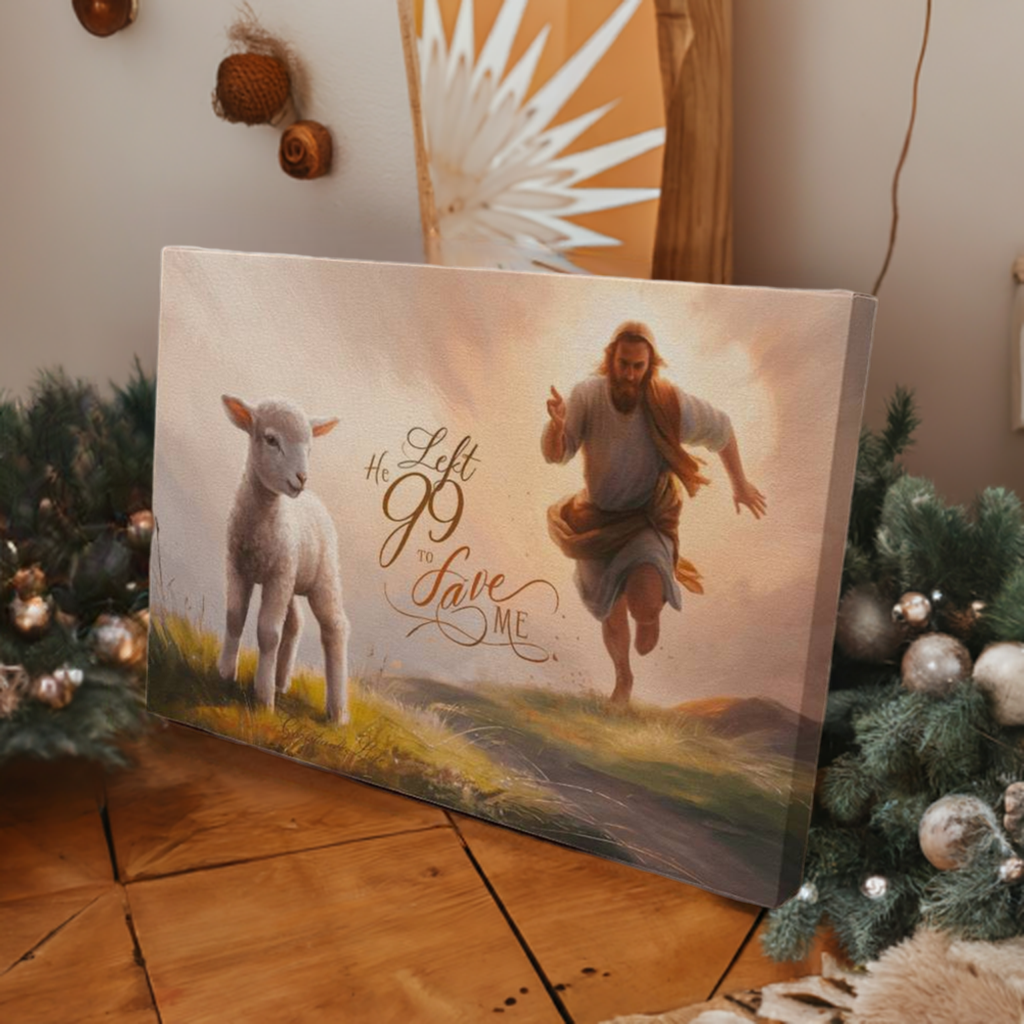 ’He Left 99 to Save Me’ Oil style Gallery Wrapped Christian Wall Art Canvas (3:2) - Canvas