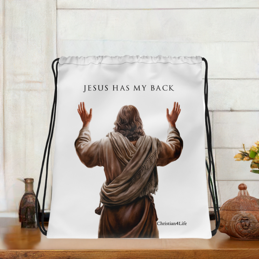 ’Jesus Has My Back’ Drawstring bag 15″ × 17″ (white) - Bags