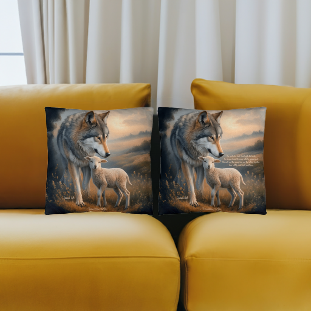 Wolf and Lamb Bible Verse Spun Polyester Square Indoor/Outdoor Pillow - Jewelry